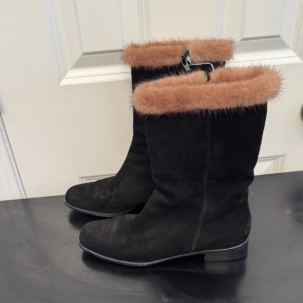 Salvatore Ferragamo Black Suede Boots with Real Mink Fur Trim